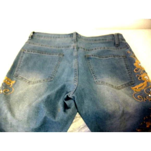 Women's Venus Blue Denim Embellished Embroidered Distressed Jeans Sz 8 - Picture 4 of 14